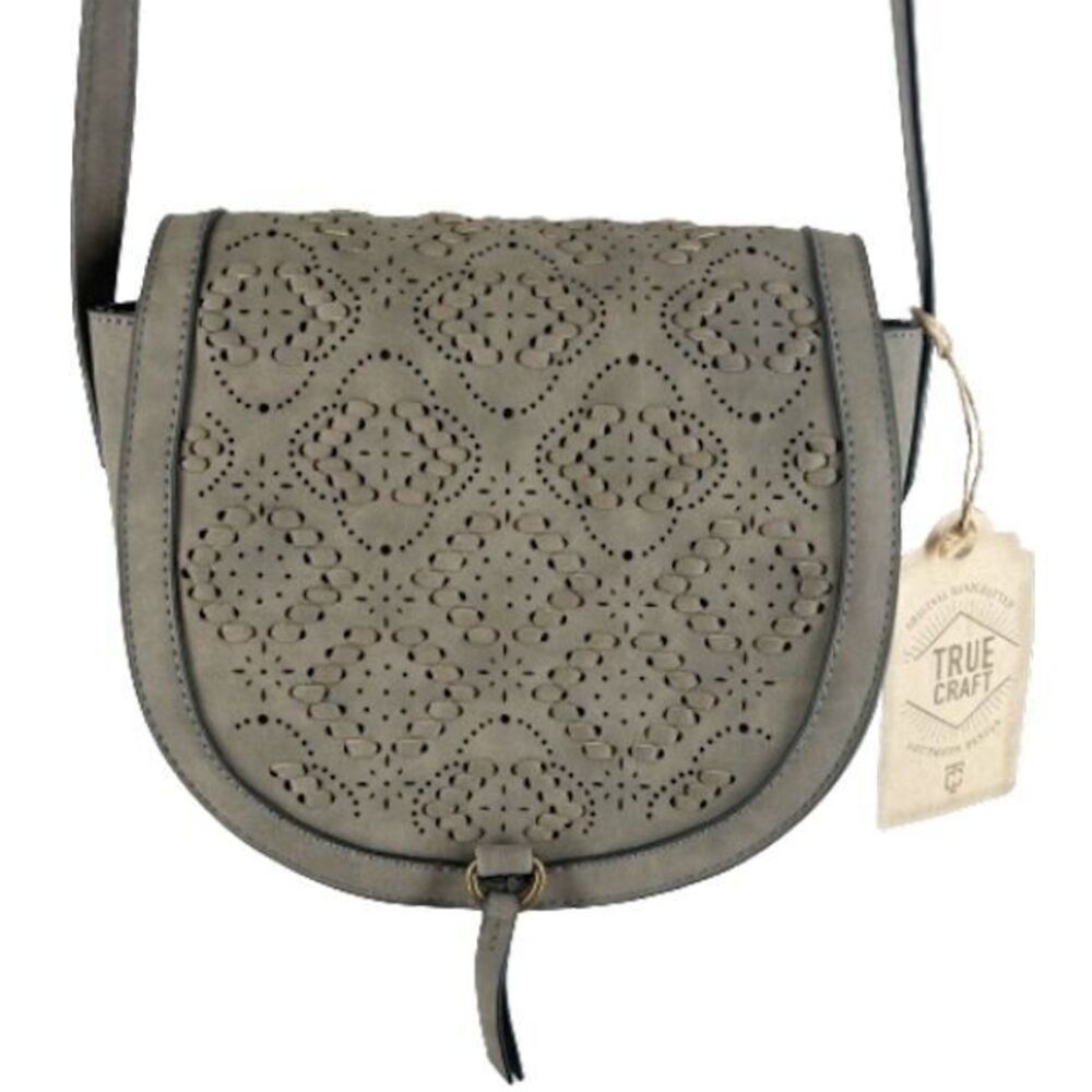 True Craft NEW Crossbody Shoulder Bag Grey Woven Faux Vegan Leather Boho NWT